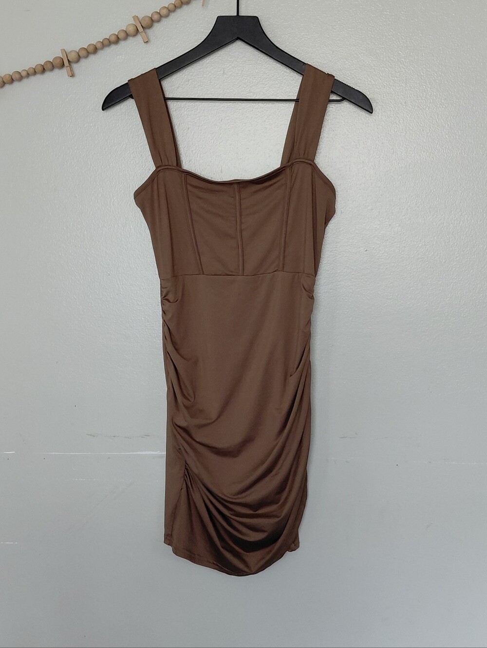 Cider Solid Ruched Corset Bodycon Mini Dress Small Brown